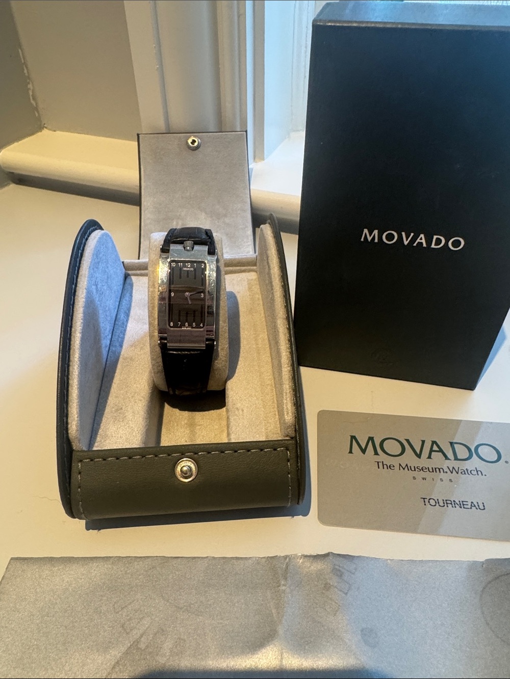 Movado Watch Ladies Stainless Steel Rectangle Elliptical Black Strap Box Papers